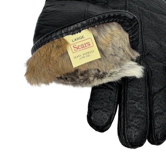 Vintage Mens Large Sears Black Leather‎ Gloves with Faux Fur Lining - 2 Lengths - Picture 5 of 7